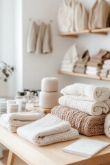 A warm, cozy setting displaying neatly folded knit throw blankets in neutral tones, perfectly arranged for home décor and comfort enhancement.