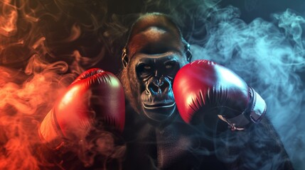 Lucky monkey man with boxing gloves on smoke background