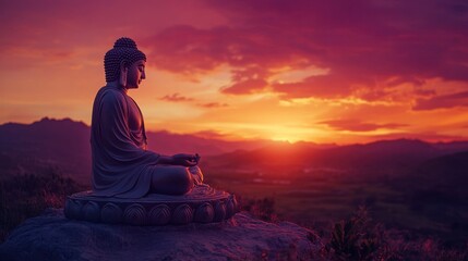 A beautiful shot of a Buddha statue at sunset, with the sky glowing in shades of orange and purple.