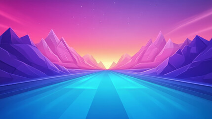 A long, empty road leads towards a bright, colorful sunset.