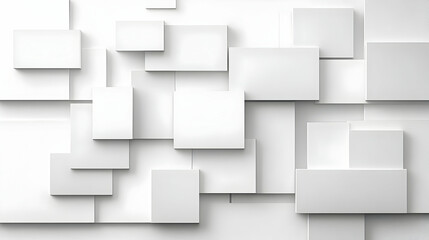 Abstract 3D Geometric White Background with Overlapping Squares and Rectangles, Minimalist Design with Shadow and Light Effects