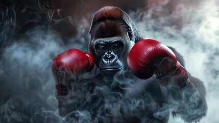 gorilla in boxing gloves on smoke background with copy space. Greatest boxer conceptual theme