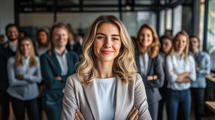 Obraz premium Confident businesswoman smiling with arms crossed in front of business team