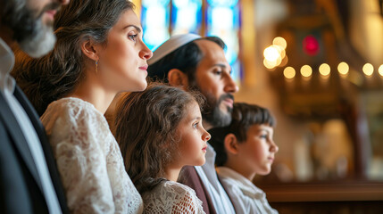 Fototapeta premium Jewish Family attending spiritual ceremony in synagogue