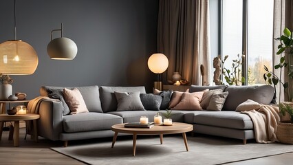 Cozy living room interior featuring a grey sofa, armchair, and glowing lamps, creating a warm and inviting atmosphere.