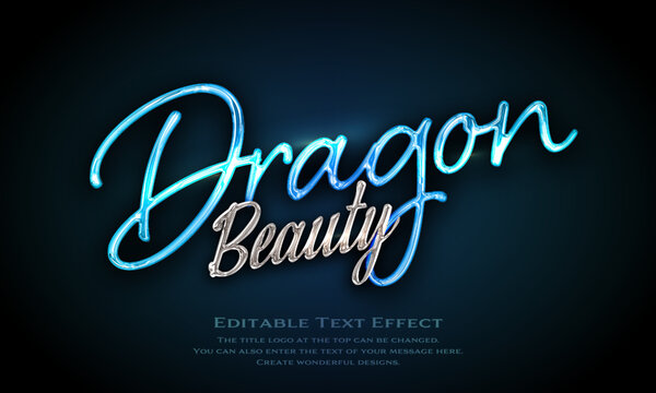 ”Dragon Beauty” chrome metallic editable title logo text style effect, with seamless and light blue, blue antique glass holographic background. cursive script, script, handwritten,handwriting typeface