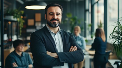 Fototapeta premium a manager Confident businessman smiling with crossed arms in busy office setting