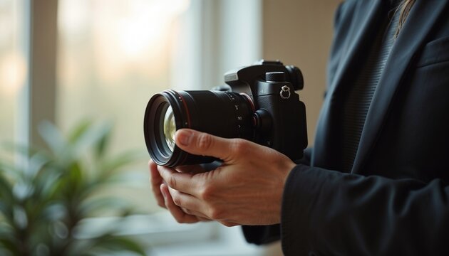 Close-up of a professional camera in the hands of a photographer in a bright indoor setting