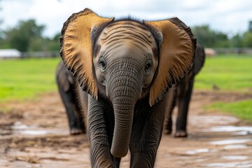 Fototapeta premium A group of rescued elephants walking peacefully together, their gentle presence captured in the open sanctuary space, with green fields stretching out ahead.