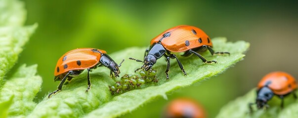 Beetles crawling on plants, feeding on harmful pest larvae, biological control, natural pest eradication
