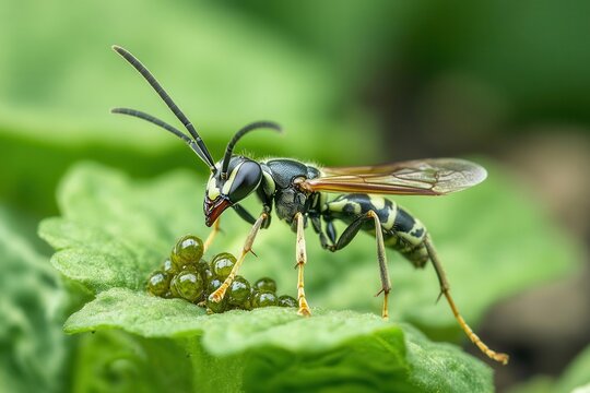 Parasitoid wasps emerging from pest larvae in a crop field, biological control, natural predator