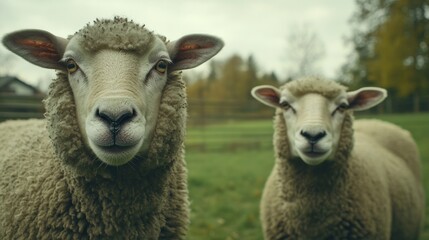 Obraz premium Two sheep standing in a grassy field, looking curiously at the camera.