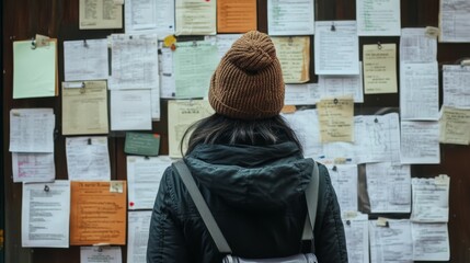 A person stands, looking at a bulletin board filled with various notices and papers, showcasing community information and announcements.