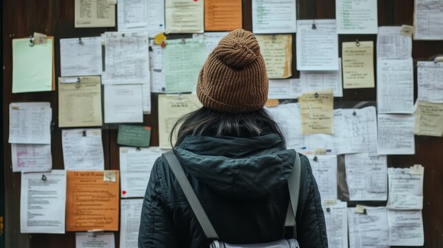 A person stands, looking at a bulletin board filled with various notices and papers, showcasing community information and announcements.