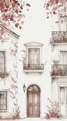 A drawing of a building with a tree in front of it