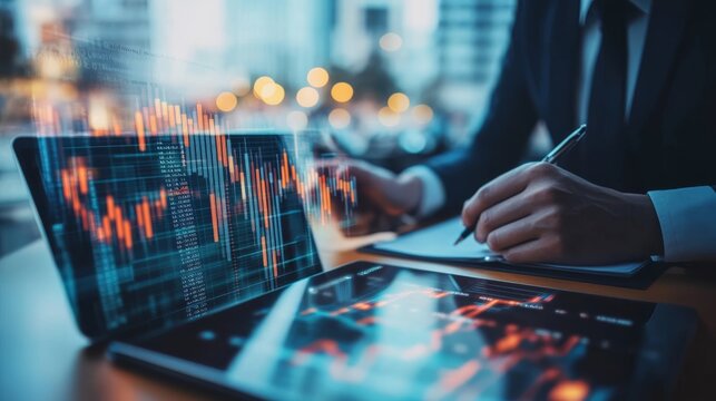 A professional analyzing financial data on digital devices, with stock market graphs and data visualizations in a modern office setting.