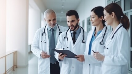 Fototapeta premium A team of doctors in white coats engaged in a lively discussion in a hospital corridor, holding a clipboard, exuding professionalism and teamwork.