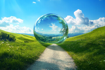 Soap bubble nature background with beautiful view inside.