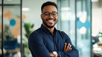 A businessman smiling confidently while crossing his arms in front of a company logo at a corporate office.