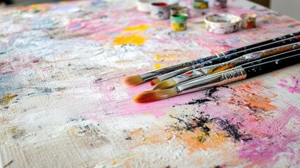 A close up of paint brushes on a table