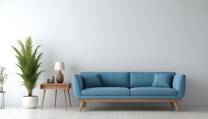 Modern blue sofa with wooden legs in a minimalist living room with a white wall and a wooden side table