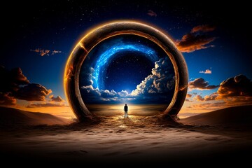 A lone figure standing in front of a mystical gateway, surrounded by magical energy, symbolizing the existential moment of decision and the journey into the unknown
