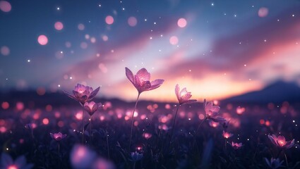 Naklejka premium A Captivating Evening in a Dreamy Flower Field Illuminated by Glittering Bokeh: Nature's Beauty Under a Magical Sky of Pink Hues and Sparkling Lights at Dusk