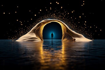 A lone figure standing in front of a mystical gateway, surrounded by magical energy, symbolizing the existential moment of decision and the journey into the unknown