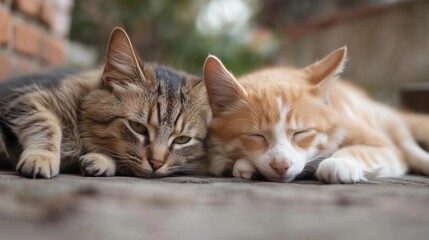 Two cats sleeping together, one is an orange and white cat with short hair, the other has long brown fur and ears. They lie on their sides facing each other. The background features a concrete floor