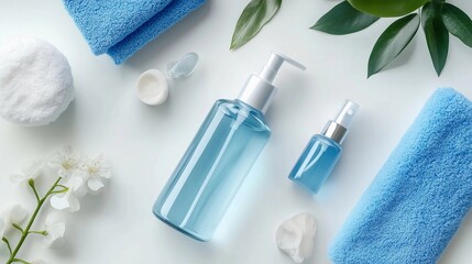Blue and white skincare bottles with pump heads, next to blue towels on a table, in a flat lay photography style, with a light background and natural lighting