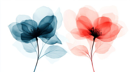Naklejka premium Two delicate flowers, one blue and one red, are rendered in a translucent style.