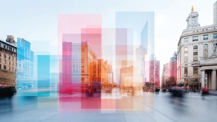 A Stunning Urban Landscape: Modern Architecture Meets Vibrant Colors Daily, Capturing the Essence of City Life with Abstract Overlay and Soft Transparency in Reality.