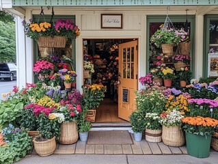 A quaint flower shop with a vibrant display of colorful blooms.