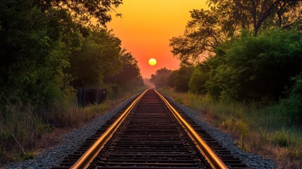 Fototapeta premium ailway tracks stretching into the distance, framed by trees and a setting sun on the horizon, creating a peaceful, golden-hour scene.