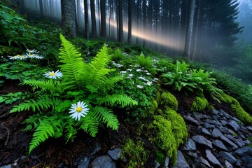 A misty forest at dawn, with light breaking through the trees and highlighting the ferns, moss, and wildflowers growing along the forest floor