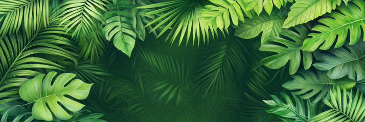 Lush green tropical leaves frame a dark background.