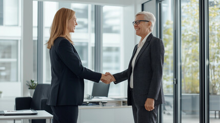 Businesswoman Shaking Hands with a New Client in a Bright, Professional Office