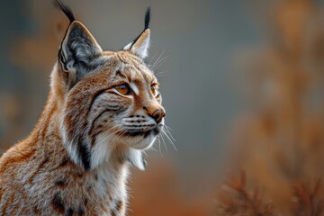 Obraz premium Side view of a lynx in the forest, space for text