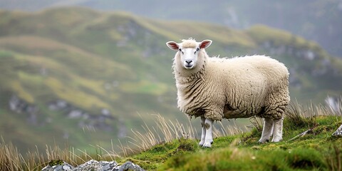 Fototapeta premium A lamb on the slope in a rural landscape.
