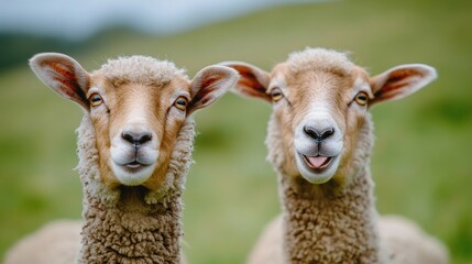 Fototapeta premium Two sheep with playful expressions in a green pasture.