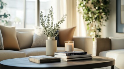 A chic coffee table in a modern apartment, topped with art books and a scented candle.
