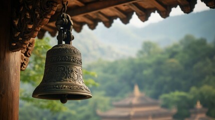 Obraz premium A close-up of a Buddhist bell hanging from a temple roof, with intricate carvings and a peaceful backdrop.