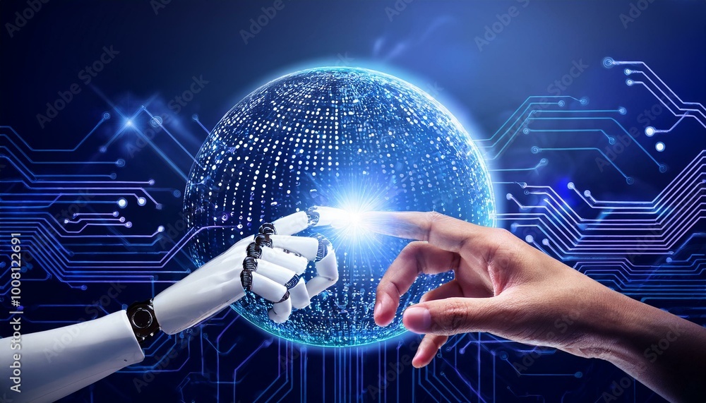 Aufkleber ai, machine learning, hands of robot and human touching on big data network connection, data exchang