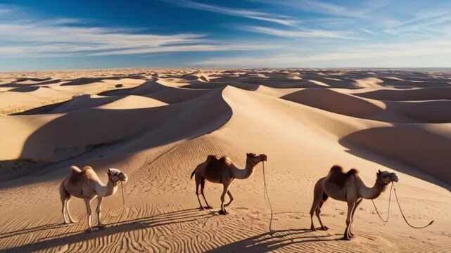 Three camels standing on golden sand dunes under a clear blue sky in a vast desert landscape created with genarative ai