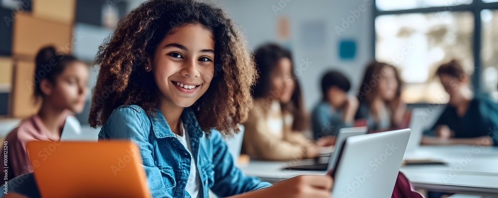 Poster diverse students in a digital classroom utilizing connected devices for collaborative e learning