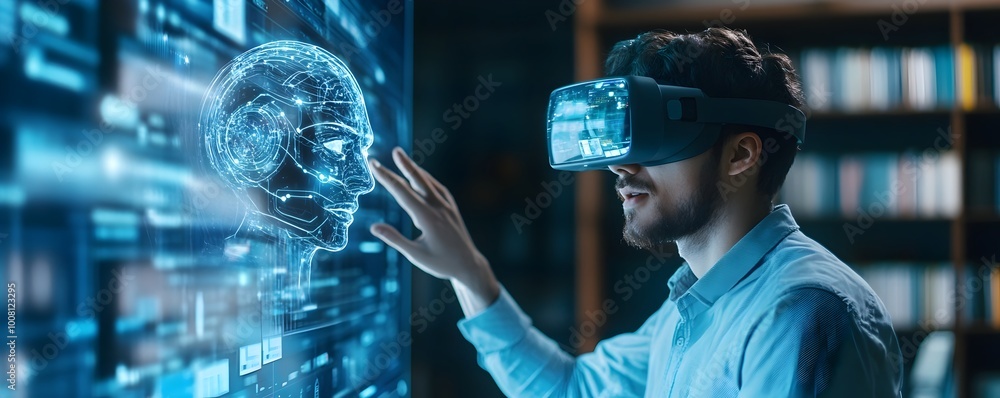 Poster tutor interacting with student in futuristic virtual learning environment
