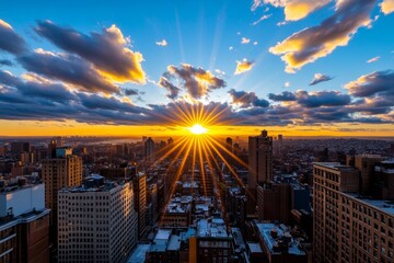 A sunrise over a city skyline, with beams of light shining between the buildings, symbolizing the endless opportunities that tomorrow brings