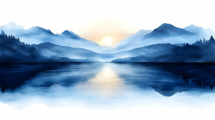 Watercolor Painting of a Misty Mountain Lake with a Sunset in the Background