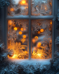 frosted window with golden lights - winter wonderland scene - cozy christmas atmosphere
