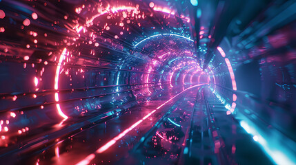 Obraz premium A vibrant futuristic tunnel filled with glowing neon shards creates mesmerizing visual experience.